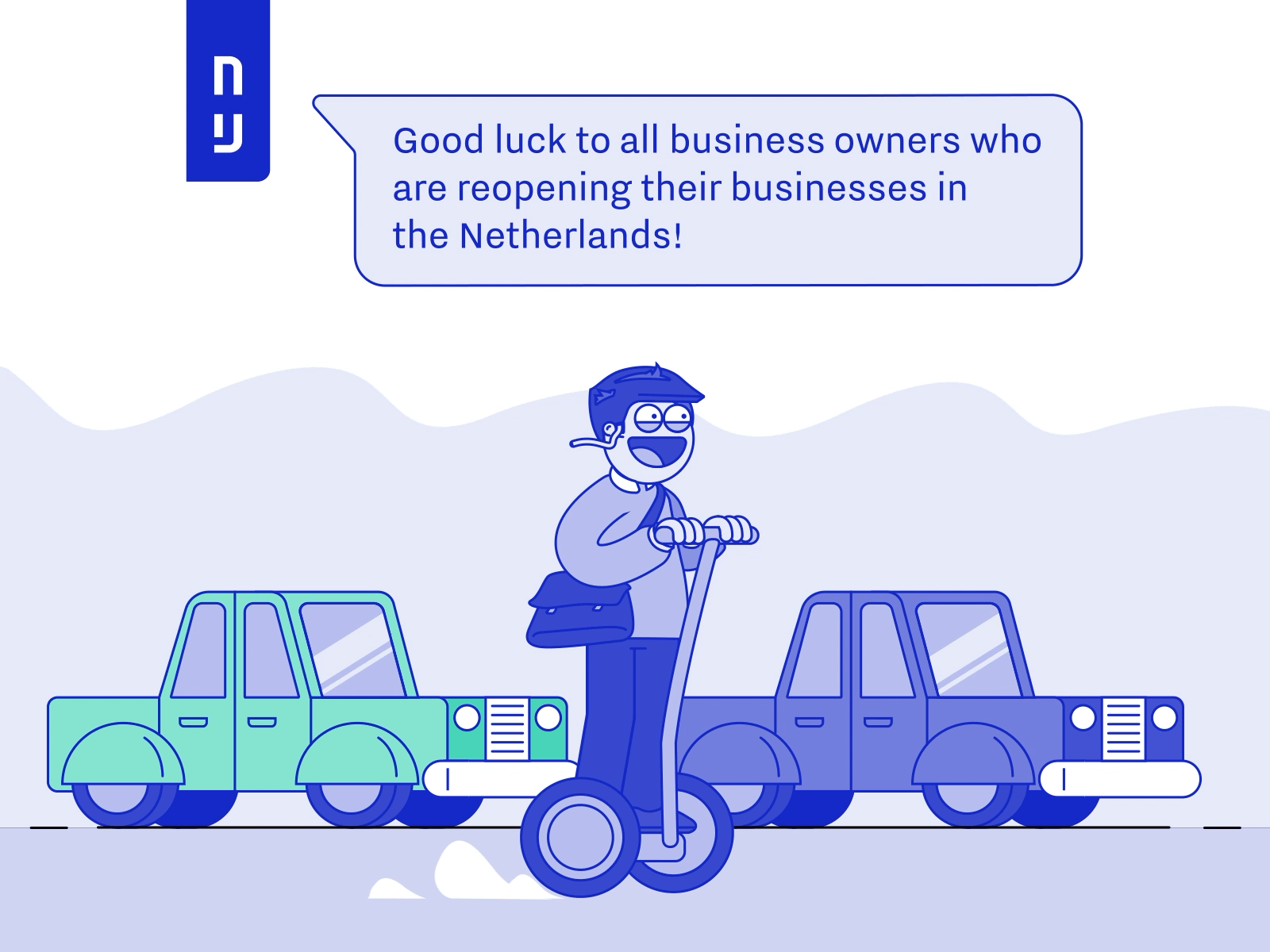 Cruising back to work! 2d adobe after effects adobe illustrator animation business character driving graphic designer helmet job motion design office reopen segway shoulderbag smooth traffic work