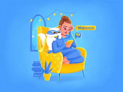 Mariupol 2d animation cat chair character emotions flat gif girl heart illustration messages news plant reading room sad superhero texting ukraine
