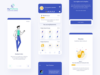 Profonia - Hearing application app blue game gamification green grey hear hearing hearing aid medical medical app mobile music onboarding purple red song yellow