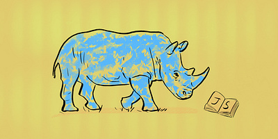 Rhino reading a book on JavaScript animal illustration animals blue book illustration reading rhino yellow