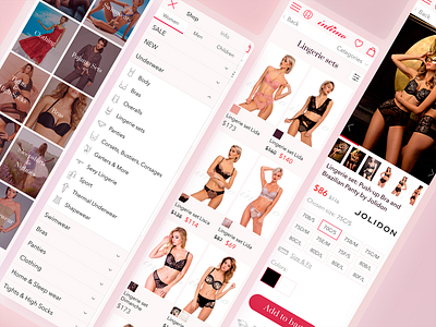 Lingerie Shop Mobile Versions: Menu, Catalog, Item Card catalog design clothes shop clothing store e commerce e commerce e shop e shopping figma icons lingerie shop menu design mobile shop mobile site mobile store mobile ui photos product page ui ux design user experience