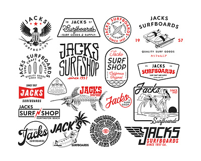 Jack's Surfboards various logos action sports apparel branding california design hand drawn identity illustration illustrator lettering logo ocean surf type typography vector