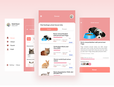 Charity Menu Pet Adoption App animal app design application card charity clean design mobile payment pink ui