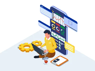 Businessman developing digital marketing strategies. advertising analysis app artwork branding businessman creative design developer dribbble financial illustration rate service strategy target ui vector website worker