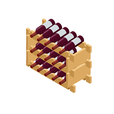 Isometric Red wine bottles stacked on wooden racks. alcohol bar bottle drink event food glass gourmet grape illustration isolated isometric merlot pour red restaurant vector vine wine winery