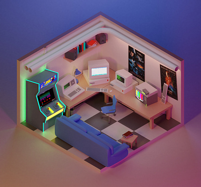 90's Retro Gaming Room 3d art 3d scene art art challenge blender3d blender3dart design environment design game art gaming illustration interior interior design interior designer retro retro design retro modern