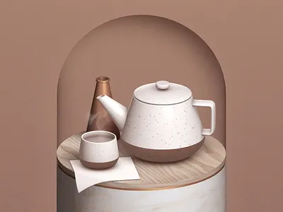 Tea Time 🍵 3d 3dfordesigners c4d ceramic copper drink marble metal napkin steam tea teacup teapot texture wood