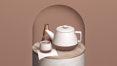 Tea Time 🍵 3d 3dfordesigners c4d ceramic copper drink marble metal napkin steam tea teacup teapot texture wood