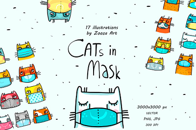 Cats in mask animal cat cats clipart corona covid design fun funny health illustration illustrations mask prints protection stickers zooza