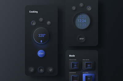 Smart Oven App - Soft UI best shot button countdown dailyui dark dark mode design interaction interface neumorphic neumorphism oven popular skeuomorph smart app start pause timer trend ui ux