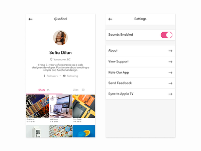 Daily UI #6#7 - User Profile & Settings design mobile app settings ui ui ui challenge ui design ui design challenge uidesign user profile user profile ui user settings userprofile