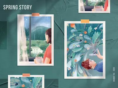 Spring story 08 blue colorful design girl green illustration orange postcard rain spring warm 插图 设计