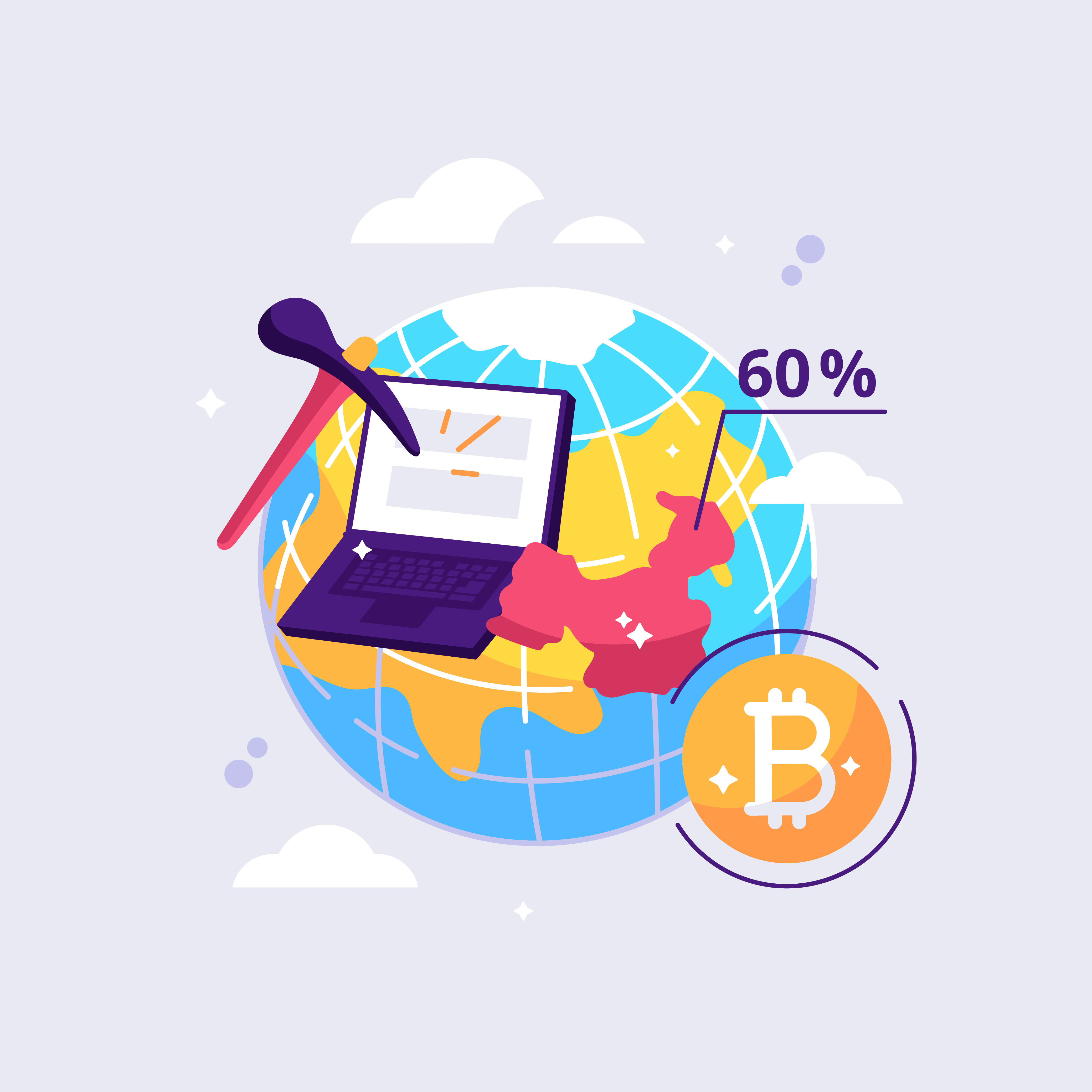 before the bitcoin ban, china had 60% of the world's crypto farm art bitcoin china crypto cryptocurrency cryptofarm defi design exchange farm flat illustration internet laptop mining statistic trader vector world www