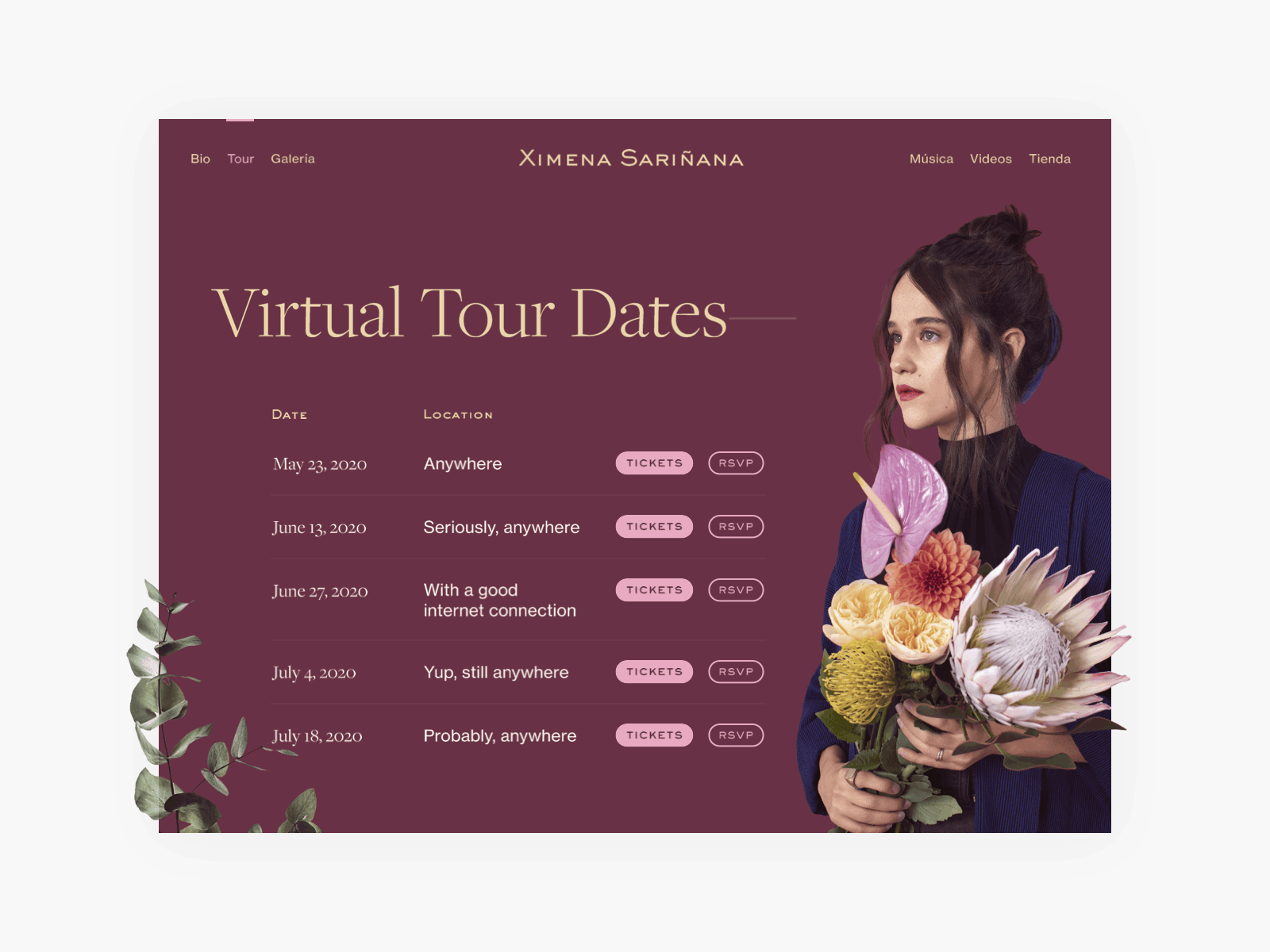 Daily UI #70 - Event Listing animation clean cutouts daily ui dailyui design flat hero listing maroon minimal motion pink simple ui web