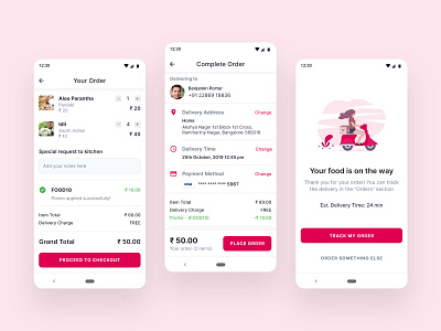 Order Food android app design cart checkout checkout flow checkout process food delivery app food order food ordering app material design online food order order confirmed payment shopping cart ui ux