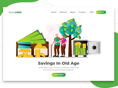 Savings In Old Age - Landing Page Template. Cartoon Vector Illus account aged cartoon character concept elderly grandparent illustration insurance landing money old page pension people person retirement senior template vector