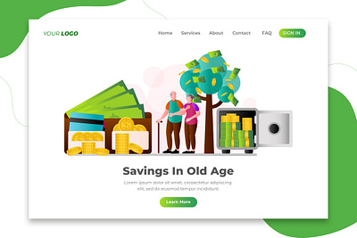 Savings In Old Age - Landing Page Template. Cartoon Vector Illus account aged cartoon character concept elderly grandparent illustration insurance landing money old page pension people person retirement senior template vector
