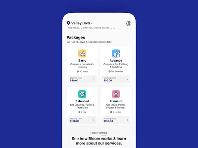 Carwash app design - work in progress appointment booking car service car wash carwash gomechanic icons illustration location mobile on demand on demand service packages tasker ui urban company urbanclap ux washe washify washos