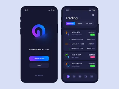 Cryptocurrency iOS app | Dark Version app application bitcoin blockchain crypto crypto wallet cryptocurrency dark deposit design ethereum interface list login screen mobile sign in sign up trading ui ux