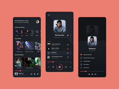 Music app UI concept app design dailyui dark app dark theme dark ui flat design gradient iconography minimal music music player playlist ui uichallenge