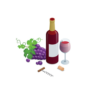 Isometric Bottle of red wine, bunches of wine grapes and glass o alcohol background bar bottle celebration drink food glass illustration isolated isometric party red restaurant tasting vector vineyard white wine winery