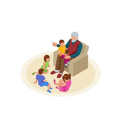 Grandfather sits in an armchair and tells a story to his grandch armchair children grandchildren grandfather illustration isometric room sitting story vector