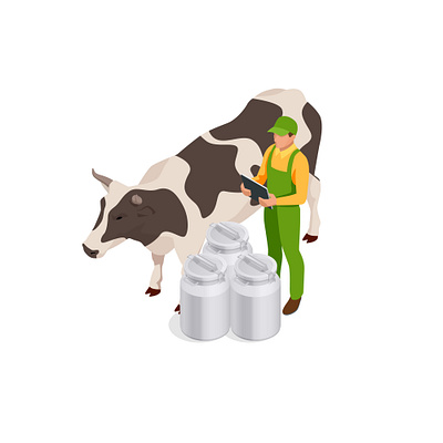 Isometric dairy cattle set. Farmer collecting milk at his dairy breed butcher calf cartoon cattle chain cheese city collecting cow cowshed dairy dutch farm farmer female field game gmo grass