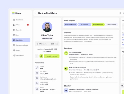 Hirezy Candidate Page – Recruitment Dashboard Figma Template ats design candidate profile digital recruitment figma template hiring process hr dashboard hr solutions job hiring job portal recruitment dashboard recruitment tech recruitment tools talent management ui showcase ui trends uiux design ux design