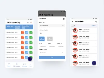Farm 365 app Listing, Milk Recording Screen androidapp app design blue branding daily farmer milk minimal minimalist mobile ui ux white