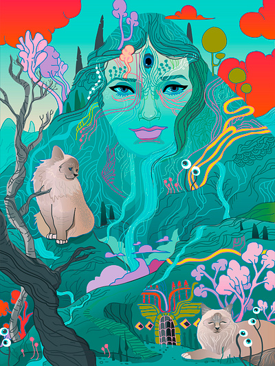 holy mountain art cat character design design editorial art editorial illustration fine art illustration illustration art landscape mountain vector