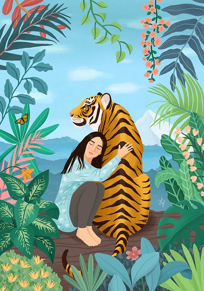 TIGER animal cat digital art drawing girl illustration jungle nature painting peaceful portrait tiger tropical woman