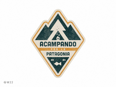 W22 - Acampando por la Patagonia badge bonfire camp camping fish forest geometric illustration lake patagonia pine retro sticker triangle vintage