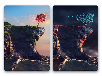 The Sun and the Storm 3d cinema 4d illustration landscape nature particles saturated sky tree water waves