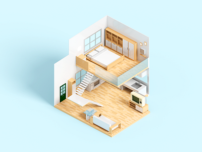 Multipurpose Room 3d architecture house illustration interior isometric minimal voxel