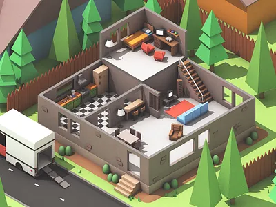 "Moving Out" Video Game Concept Art 3d 3d art 3d illustration apartment c4d digital art game art lab low poly lowpoly model moving out moving out game render renders science lab smg studio team 17