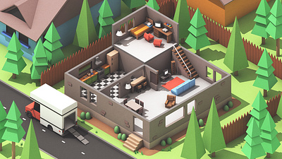 "Moving Out" Video Game Concept Art 3d 3d art 3d illustration apartment c4d digital art game art lab low poly lowpoly model moving out moving out game render renders science lab smg studio team 17