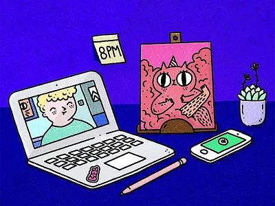 Working from home 2d cactus cartoon cartoon illustration cat design desk illustration illustrator laptop mobile painting pen prop prop design