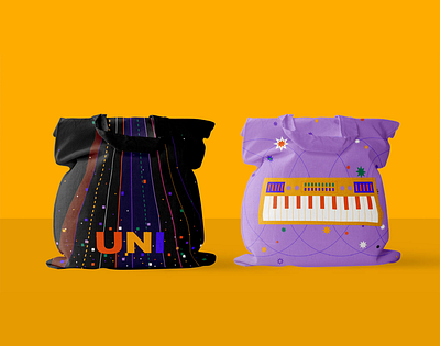 uni music academy totebag art school bag black creative school education illustrated insturment illustrated visual identity instrument learning music music education music school music study piano purple rythm school teaching tote bag visual identity