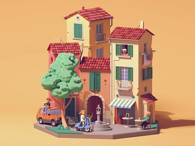 Village in Tuscany 🇮🇹 3d animation c4d car cinema4d fiat illustration isometric italy octane panda tuscany vespa village