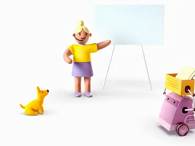 Girl, doggy and robot 3d 3d art branding character desk dog girl help illustration image maya paper robot yellow