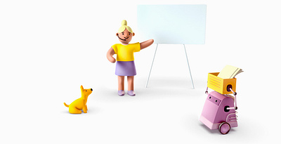 Girl, doggy and robot 3d 3d art branding character desk dog girl help illustration image maya paper robot yellow