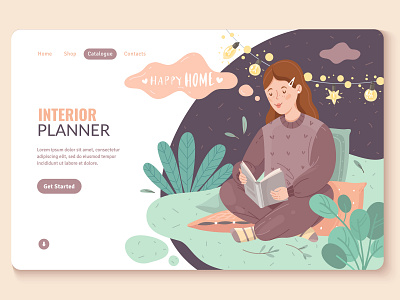 Cozy home banner book cozy design garland girl home hygge illustraion landing page plants vector