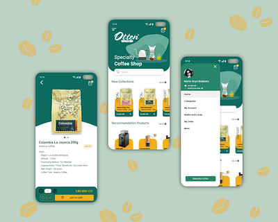 Coffee Shop Application - Otten Coffee adobexd app branding coffee coffee bean coffeeshop concept design fresh green icon illustration indonesia tropical ui ux yellow