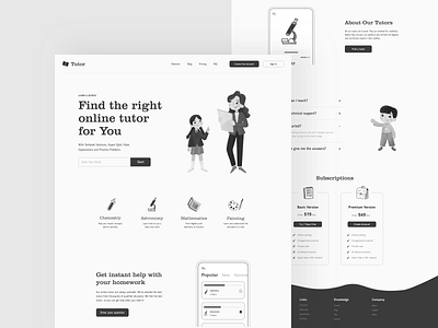 Tutor - Landing app black black white button clean design education illustration interface knowledge learning minimal student sunday uiux