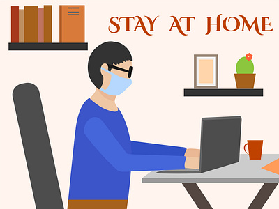 A man stays at home working at a computer during a pandemic. coronavirus covid 19 illustration pandemic stayhome vector