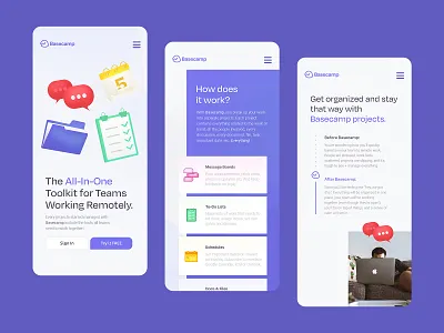 Basecamp | Landing Page Mobile b2b icons landing purple