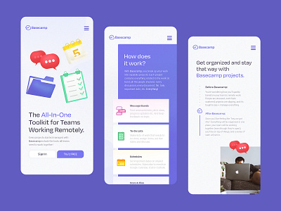 Basecamp | Landing Page Mobile b2b icons landing purple