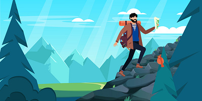 Man with backpack, traveller or explorer walking up of mountain adventure background backpack cartoon character concept design forest gps graphic icon man mountain summer tourism tourist travel trip vacation vector