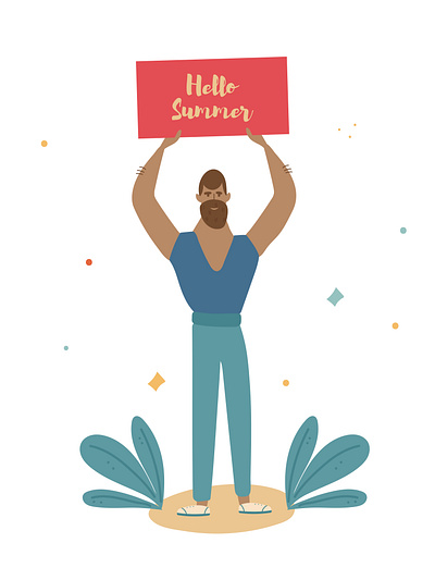 Latino American man with summer clothes holding a sign saying Su beach cartoon character cocktail drink happy holiday illustration lifestyle male man person relax summer summer time sun sunglasses vacation vector young