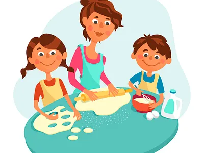 Mom And Children Bake Cookies cartoon cookies cooking cute illustration kids vector